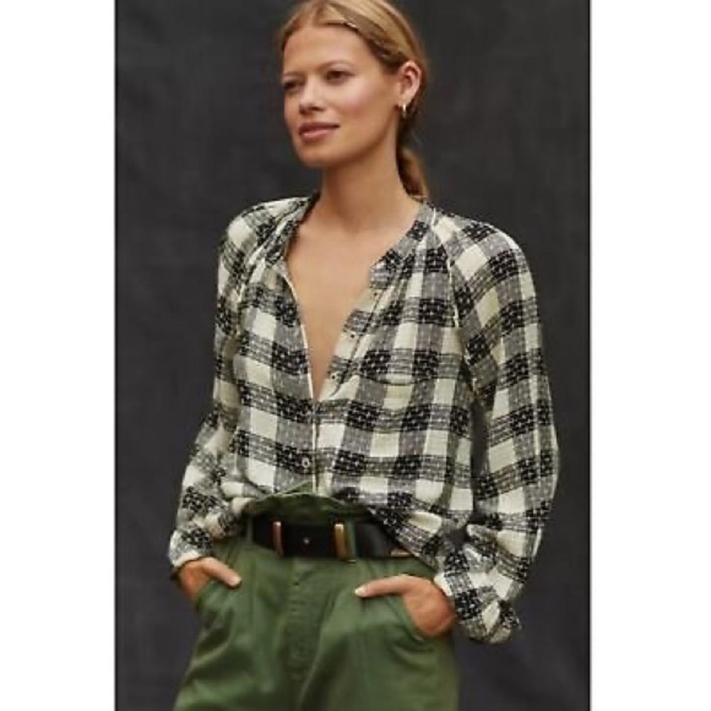 XS Anthropologie Pilcro Breezy Wool Blend Plaid Button Down Cream & Black